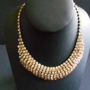 Vintage Elgin American Multi-Tier Aurora Borealis Necklace & Clip-On Earrings